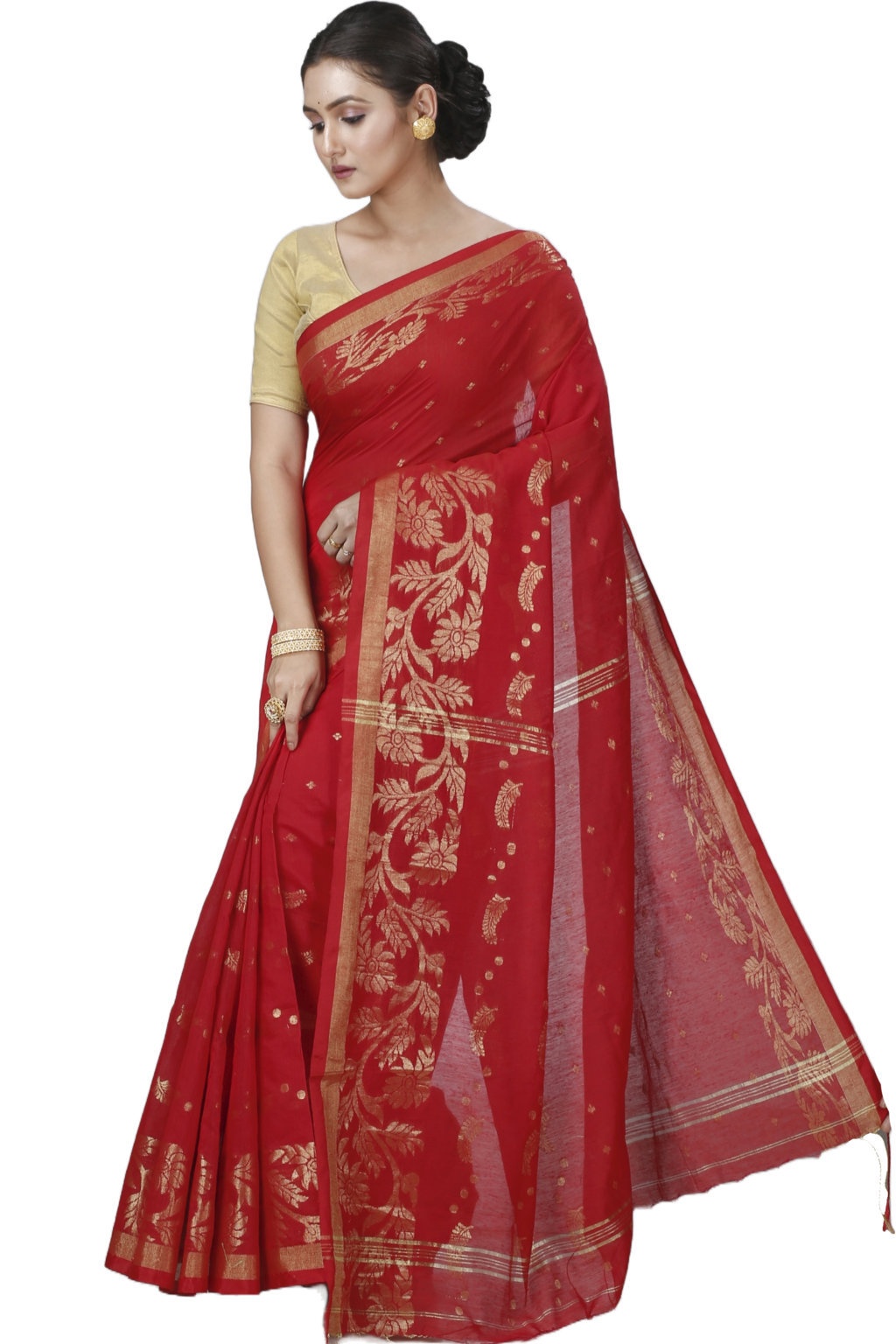 Red Blended Cotton Turik Hand Loom Saree (1248)